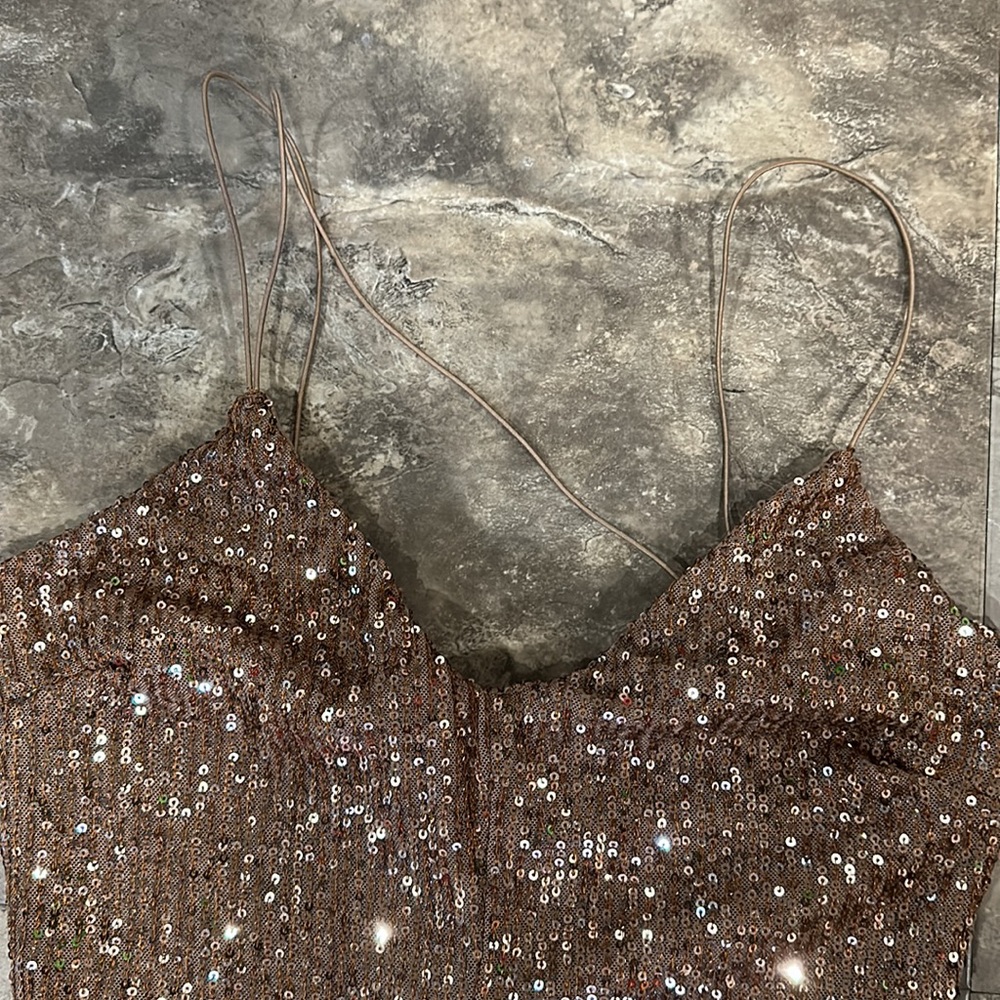 Fashion Nova Brown Sequin Midi Dress - Picture 2 of 4